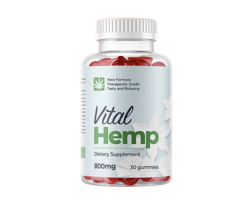Vital Hemp Gummies bottle with red gummies, 800mg hemp extract, 30 gummies